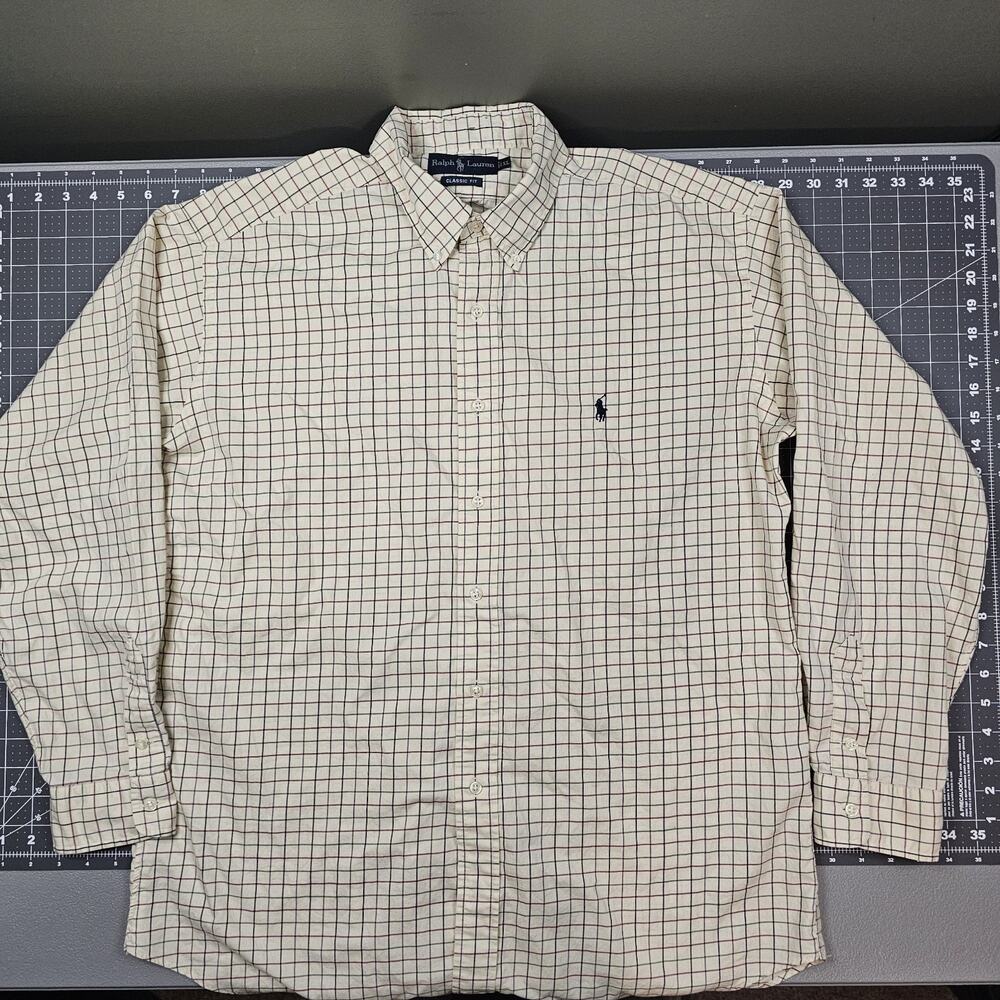 Polo Ralph Lauren Shirt Mens XL Cream Plaid Classic Fit Preppy Work Academia Ivy